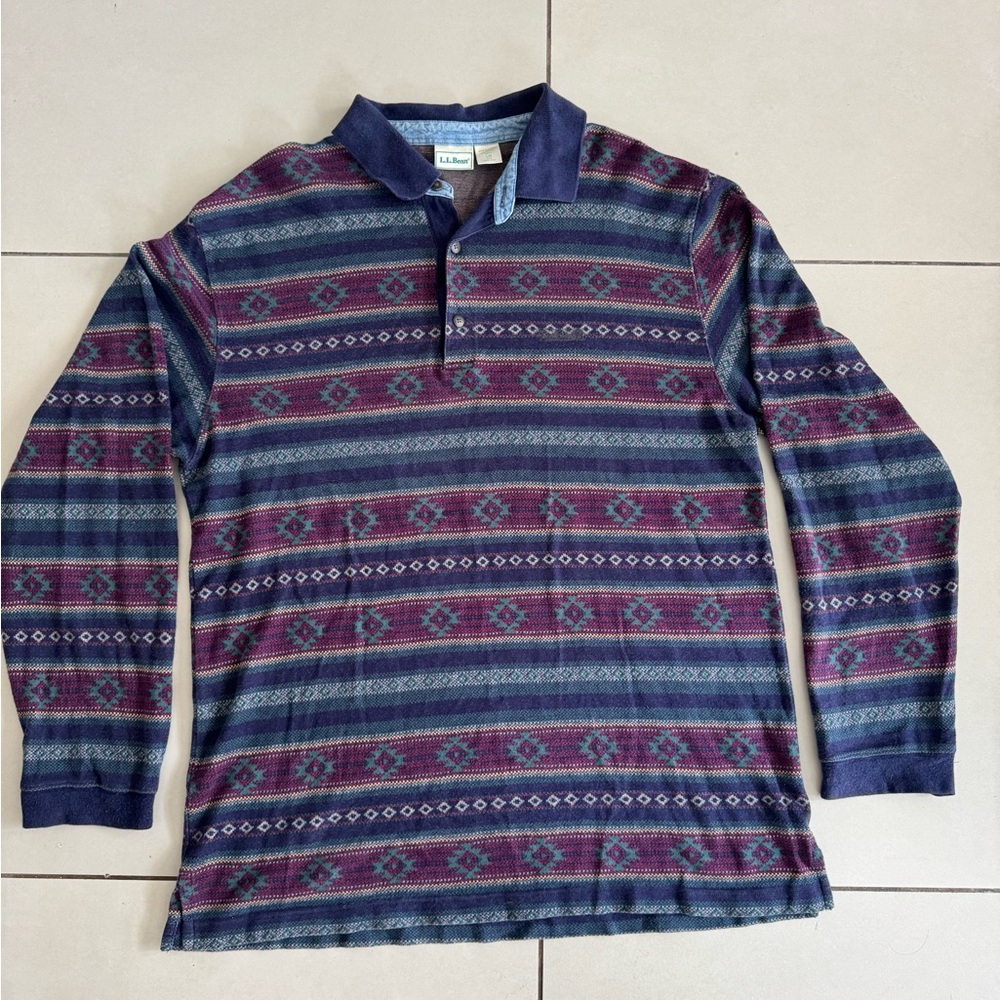Vintage L.L. Bean Men's Blue and Purple Patterned Button Down Shirt